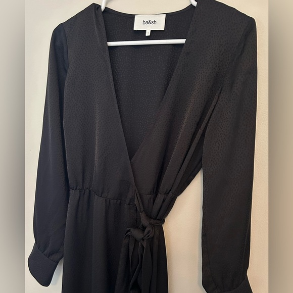 Ba&sh Women's Iris Dress Size 4 Small True Wrap Black Long Sleeve Midi Cocktail - Picture 5 of 12